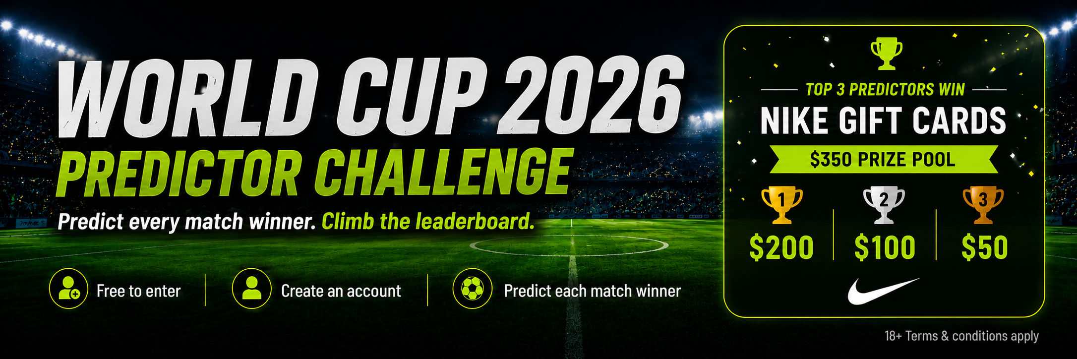 World Cup 2026 Predictor Challenge. Top 3 predictors share $350 in Nike gift cards.